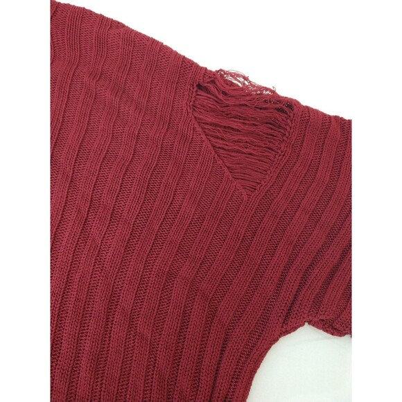 Love J Size M Distressed Cropped Short Sleeve Fringe Thrashed Red Wine Sweater - Picture 5 of 13
